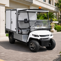 A white and silver electric golf cart with a cargo box, parked on a paved driveway outside a hotel or resort building with palm trees and a luggage cart nearby.