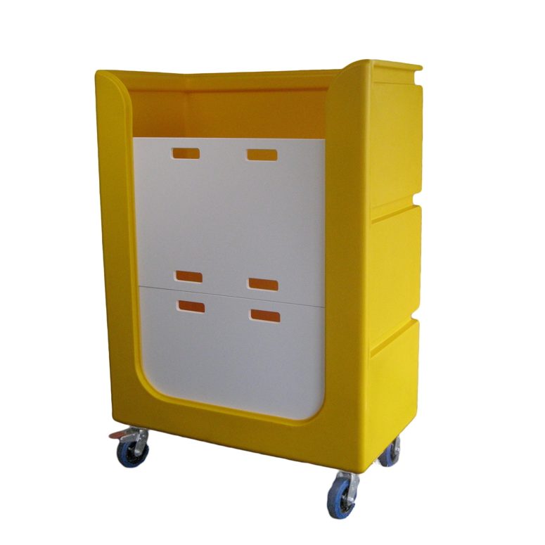 TLET1 Tallboy Linen Exchange Trolley in yellow with poly shelves fitted as a bin front