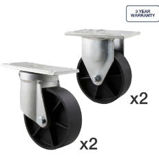 Fallshaw SETDUMPERWCI - W Series Castors 500-750kg -W Series castor set, 150mm cast iron wheel, plain bore, Includes: x2 fixed plate, x2 swivel plate castors.