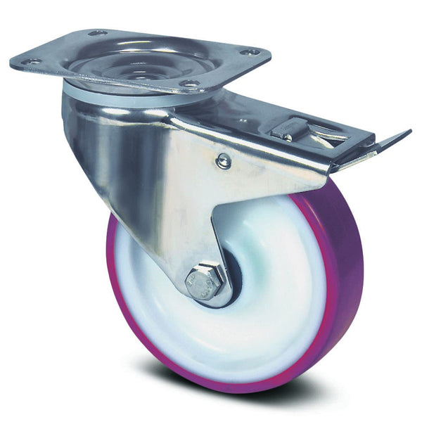 Tente 8477UAD200P63M - Alpha SS 200mm Maroon PU Swivel Plate Brake P62